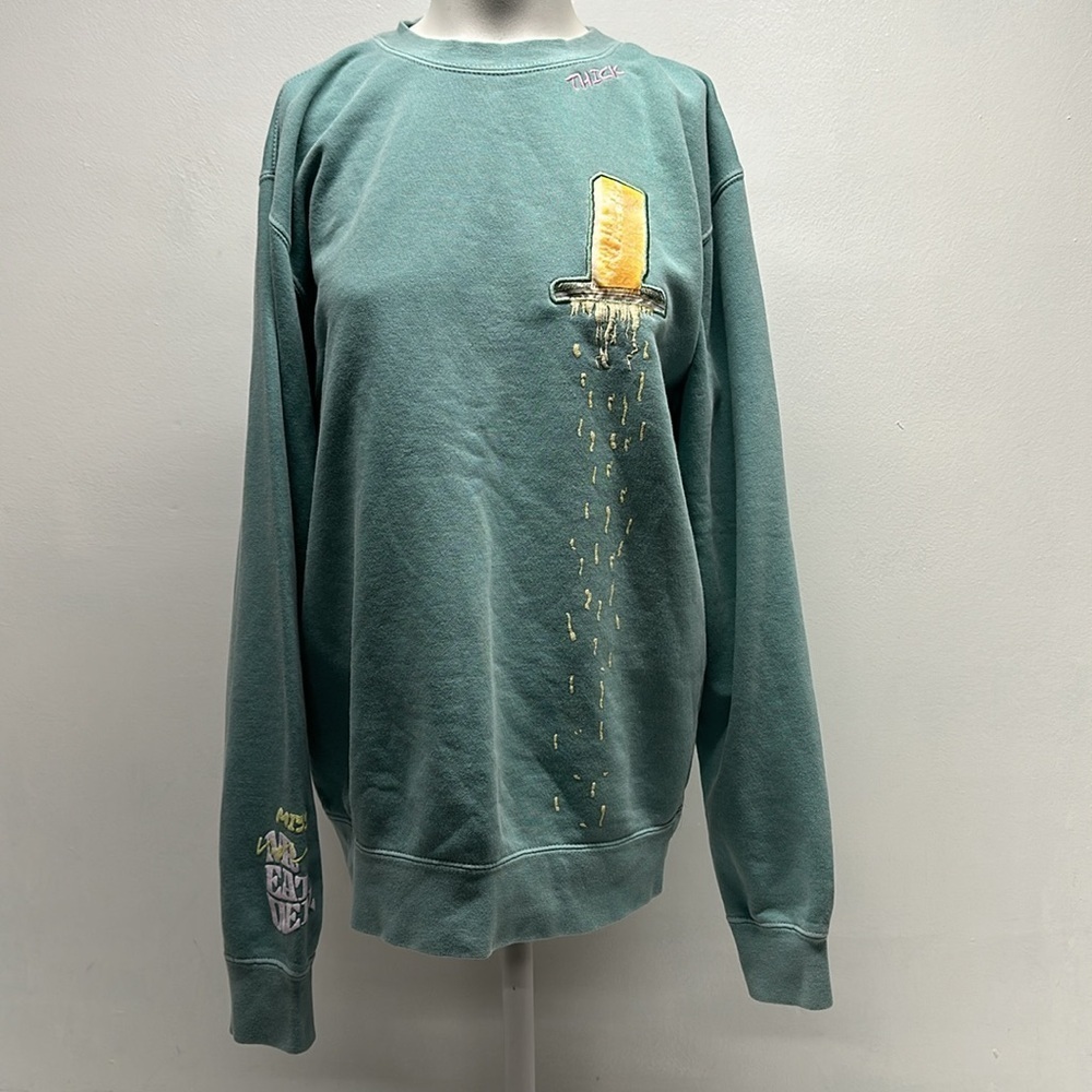 Mr Eat Well Sweatshirt Crewneck Miss Thick Parm Cheese Grater Teal Blue Small